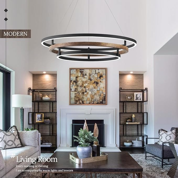 3 Ring LED Chandelier Walnut Wood Black Chandelier Light Fixture 31in Dimmable Modern Entry Chandeliers Wood-Printed Circular Light for Foyer Dining Room Bedroom Office Living Room