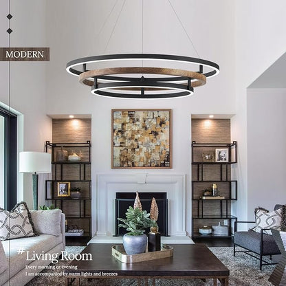 3 Ring LED Chandelier Walnut Wood Black Chandelier Light Fixture 31in Dimmable Modern Entry Chandeliers Wood-Printed Circular Light for Foyer Dining Room Bedroom Office Living Room