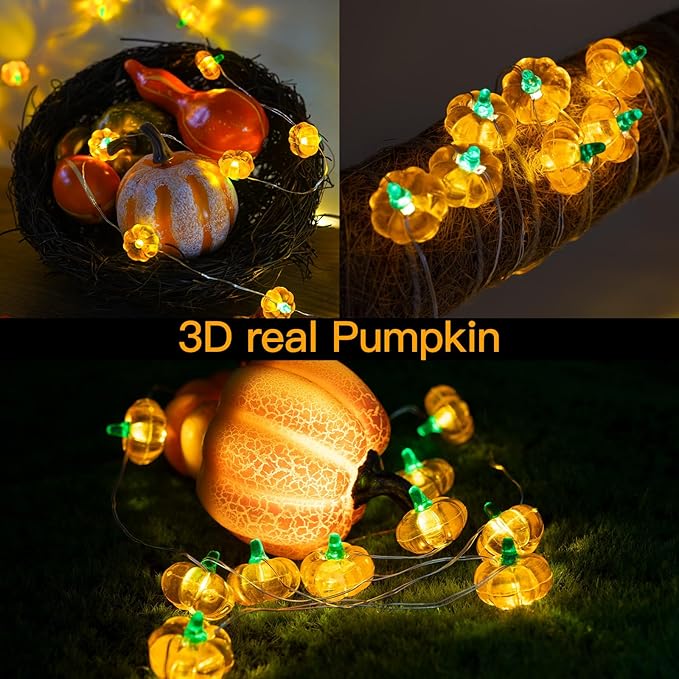 suddus 3D Pumpkin Lights,12.8ft 40 LED Fall Lights Battery Operated with Remote& 8 Modes & Timer, Waterproof Thanksgiving Decorations for Indoor Outdoor Home,Party,Harvest,Hallowee,Thanksgiving Décor