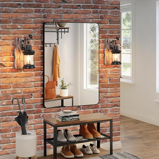 Rustic Wall Light Fixtures Vintage Wall Sconces Sets of 2 Farmhouse Antique Wooden Lamp with Clear Glass Indoor Lighting Black Bedside Sconces Lighting for Bar Cafe Barn Stairs