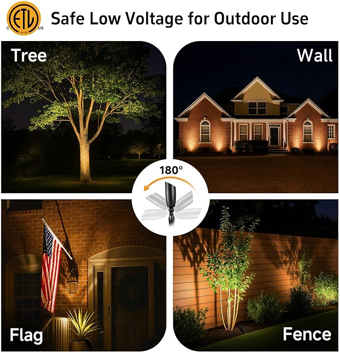 Gardenreet Brass Landscape Lighting - Black Low Voltage Spotlights Outdoor LED, 12V Wired Uplights, Waterproof Spot Lights for Outside Trees with 5W 2700K Warm White MR16 Bulb (4 Pack)