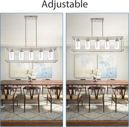 MELUCEE Linear Kitchen Island Lighting Brushed Nickel Led Bubble Crystal Chandeliers for Dining Room, 5 Lights Large Led Pendant Lights with Clear Glass, Built in LED Chips 5-Color Temperature Adjust