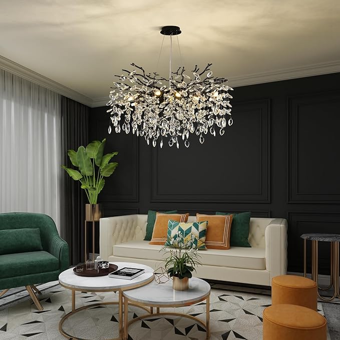 Modern Crystal Tree Branch Chandelier, Black Round Art Deco Pendant Light Raindrop Lighting Fixture for Dining Room Bedroom Foyer 10 Lights D30''