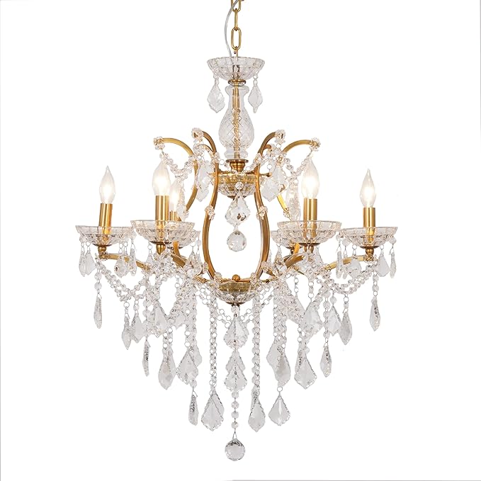 6-Light Crystal Chandelier Gold Finish Modern Luxury Antique Flush Mount Chandelier with Crystal Drops Prisms Beads, Elegant Dining Room Living Room Entryway Foyer Ceiling Light Fixture