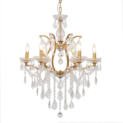 6-Light Crystal Chandelier Gold Finish Modern Luxury Antique Flush Mount Chandelier with Crystal Drops Prisms Beads, Elegant Dining Room Living Room Entryway Foyer Ceiling Light Fixture