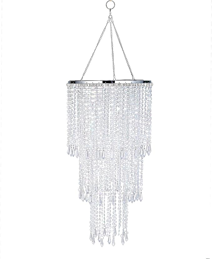Modern Chrome Beaded Hanging Chandelier (W10.25 x H20”)，3 Tiers Beads Pendant Shade, Ceiling Chandelier Beaded Lampshade with Acrylic Jewel Droplets (Crystal Iridescent)