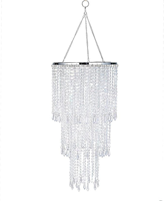 Modern Chrome Beaded Hanging Chandelier (W10.25 x H20”)，3 Tiers Beads Pendant Shade, Ceiling Chandelier Beaded Lampshade with Acrylic Jewel Droplets (Crystal Iridescent)
