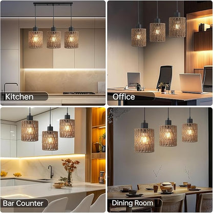 FIRVRE 3 Light Pendant Lighting, Farmhouse Boho Hanging Light Fixture for Kitchen Island & Dining Room, Industrial Vintage Ceiling Lamp with E26 Base, Adjustable Height, Rattan Pendant Light