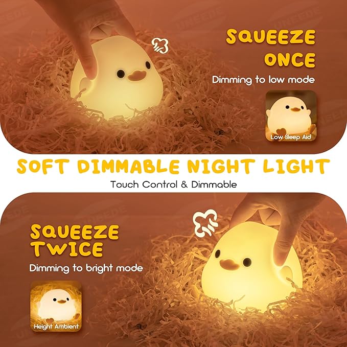 UNEEDE LED Cute Bean Duck Night Light, DoDo Duck Silicone Nursery Night Light Squishy Dimmable Rechargeable Table Bedside Lamp with Touch Sensor for Bedrooms, Living Room Unique Dorm Decor Gift Toy