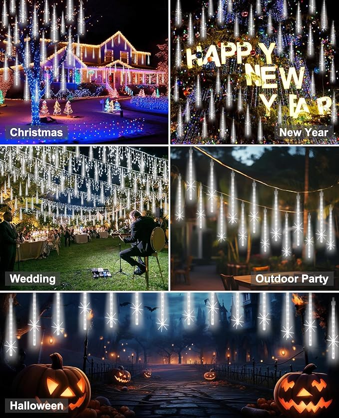 EAGWELL Christmas Lights Outdoor 12 Inch 10 Tubes Meteor Shower Light LED Falling Rain Drop Lights Icicle Cascading Xmas String Decor for Tree Wedding Party Garden Easter Light Decoration,Shine White