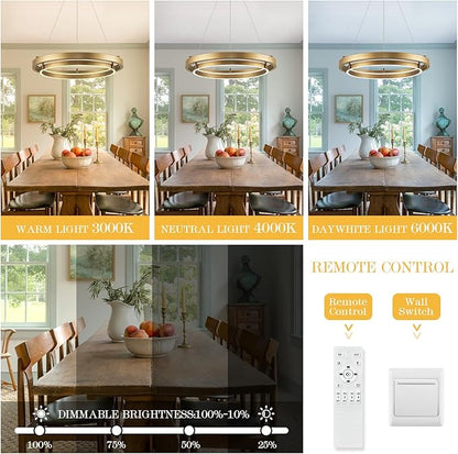LED 2 Ring Brass Gold Chandelier Dimmable Up Down Light Chandelier Modern Round Chandeliers Light Circular Chandeliers for Foyer Dining Room Entry Bedroom Office Living Room