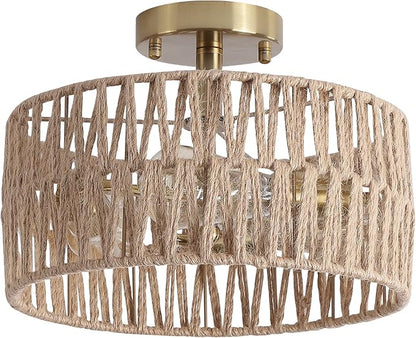 3-Light Antique Gold Woven Flush Mount Light Fixture Rustic Coastal Hemp Rope Brass Semi Flush Mount Ceiling Light for Hallway Bedroom Kitchen Entryway Farmhouse Living Room