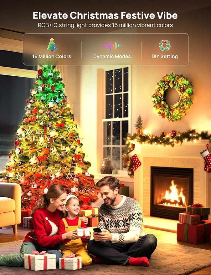 Smart Christmas Fairy Lights, 65.6Ft 200LEDs RGB+IC String Light, APP & Remote Control, with 84 Scenes, Music Mode, Work with Alexa & Google Home, Color Changing Halloween Decor Light for Indoor Tree