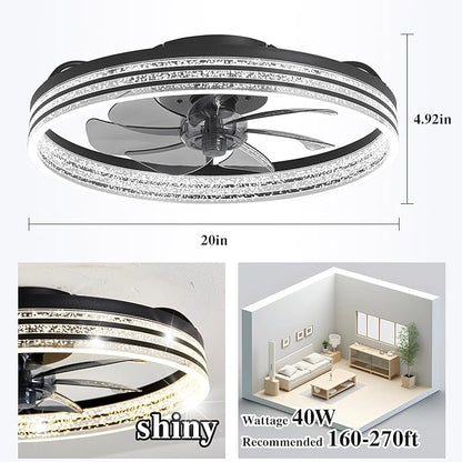 Ceiling Fans with Lights and Remote Fandelier - 20'' Black and White Flush Mount Low Profile Modern Ceiling Fans for Bedroom - Stepless Color Temperature and 6 Speeds