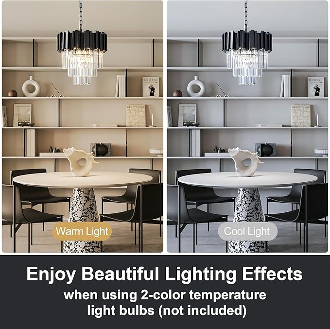 15.8" Black Crystal Chandelier, 5-Light Modern Chandelier, 3-Tier Round Pendant Light Fixture for Dining Room, Kitchen Island, Bedroom, Living Room, Foyer, Entryway, Small Crystal Chandeliers