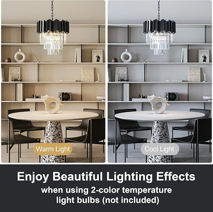 15.8" Black Crystal Chandelier, 5-Light Modern Chandelier, 3-Tier Round Pendant Light Fixture for Dining Room, Kitchen Island, Bedroom, Living Room, Foyer, Entryway, Small Crystal Chandeliers