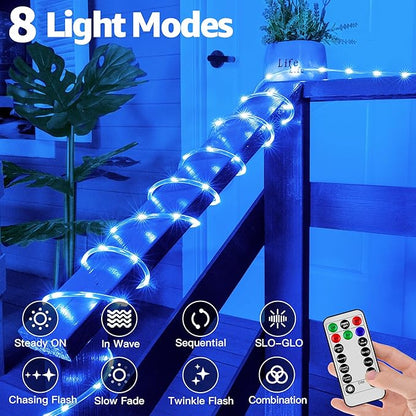 50ft LED Waterproof Rope Lights, String Lights with Remote, 8 Modes IP68 Waterproof Timer for Indoor Outdoor Blue Rope Lights for Outside (Blue)