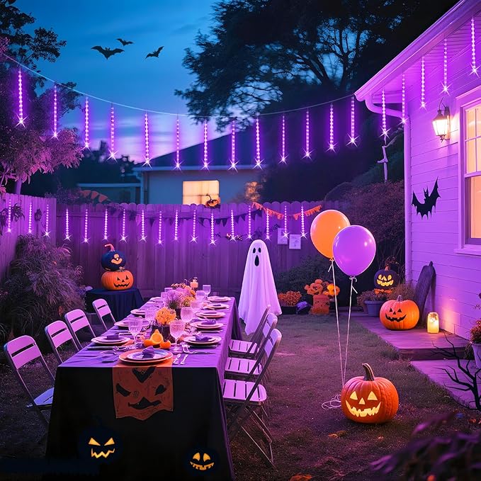 JMEXSUS Solar Christmas Lights Outdoor, 8 Tube 144 LEDs Solar Meteor Shower Lights, Purple Christmas Light for Tree Fence Eaves Patio Yard Holiday Party Decor