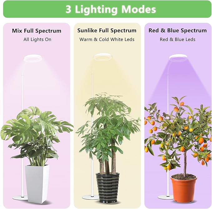Grow Light for Indoor Plants, Full Spectrum LED Tall Plant Lights with Timer, Standing Floor Growing Lamp, Height Adjustable for Large Plants (White)