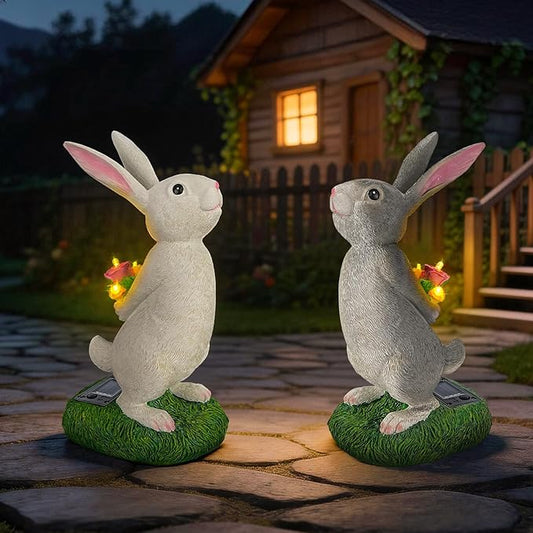 Solar Garden Rabbit Statue with LED Flowers, Grey Resin Hare Figurine Decor for Patio, Yard, Lawn Outdoor Ornament, Ideal Easter, Birthday Gifts for Women, Mother & Garden Lovers