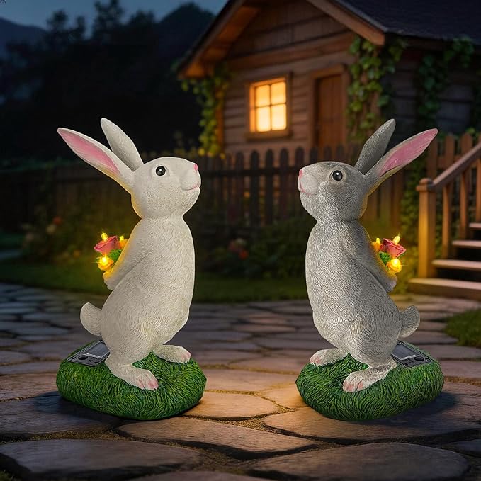 Cute Solar Bunny Garden Statue with Warm LED Flower Lights, Handcrafted Outdoor Rabbit Decor for Patio, Balcony, Yard, Lawn, Ideal Easter, Birthday & Holiday Gifts for Women, Mom