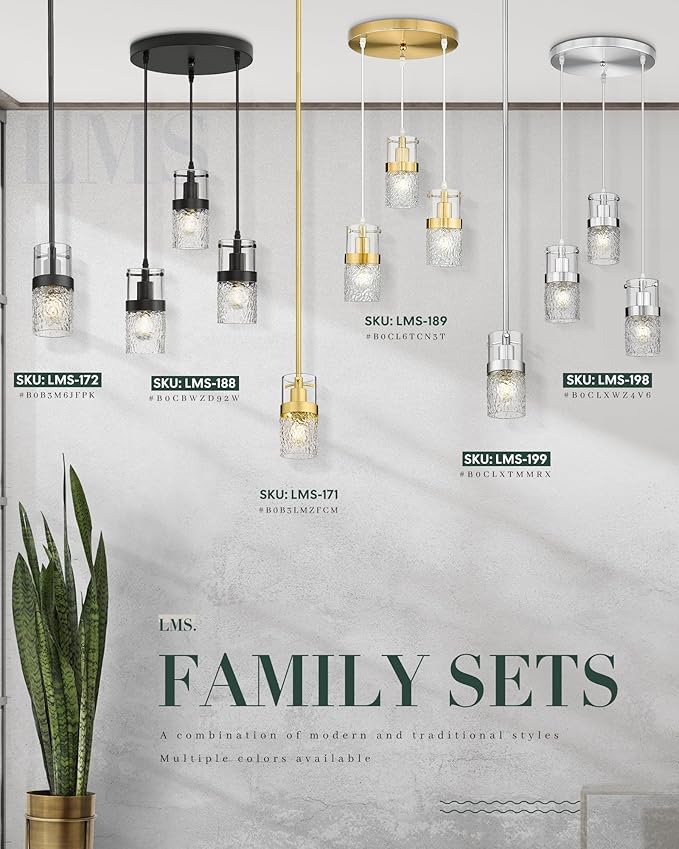 LMS 2-Pack Modern Pendant Lights, Brushed Gold Pendant Light Kitchen Island with Hammered Glass, Adjustable Hanging Light Fixtures for Kitchen, Dining Room, Living Room, LMS-171GD2