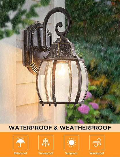 Dusk to Dawn Outdoor Wall Light Vintage Wall Lamp Outside with IP65 Sensor Exterior Light Fixtures Wall Mount Porch Light E26 Exterior Wall Sconces in Black with Gold Rim for House 2-Pack