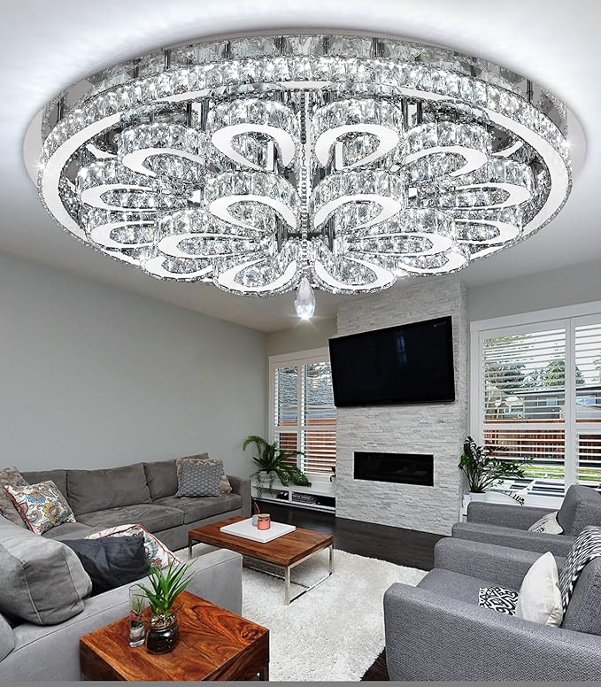 40'' Modern Chandeliers for Living Room Crystal Large Chandelier Ceiling Light Fixture LED Dimmable with Remote Pendant Lighting Flush Mount Lighting for Dining Room Bedroom Silver