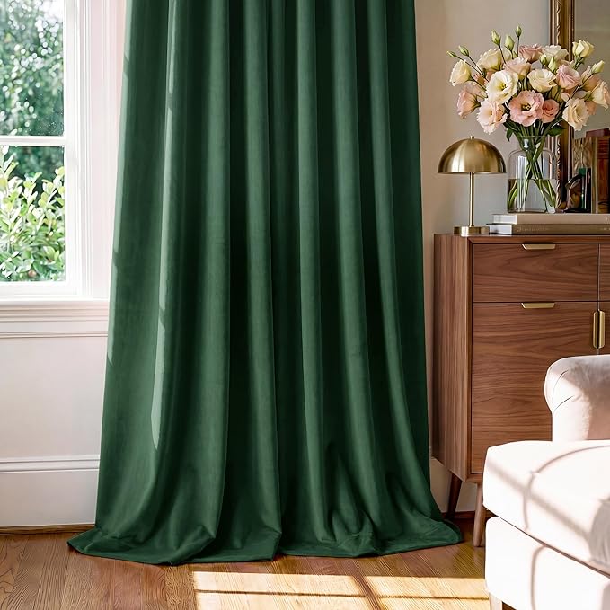 StangH Green Velvet Curtains 102 inches Long 2 Panels, Luxury Dark Green Decorative Backdrops Light Blocking for Party/Holiday, Solid Warming Drapes Heat & Cold Resistant for Bedroom, W52 x L102