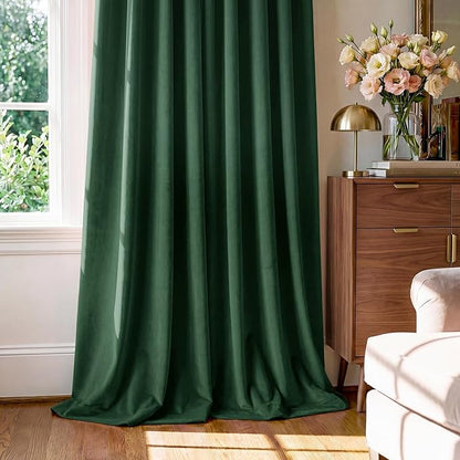 StangH Green Velvet Curtains 102 inches Long 2 Panels, Luxury Dark Green Decorative Backdrops Light Blocking for Party/Holiday, Solid Warming Drapes Heat & Cold Resistant for Bedroom, W52 x L102