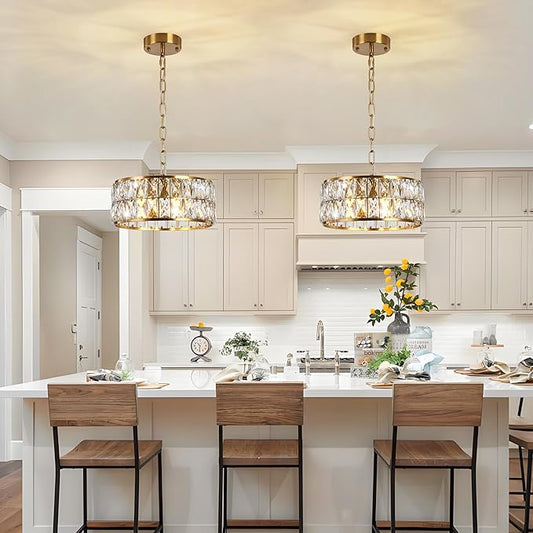 Modern 4-Light Gold Crystal Chandelier Ceiling Light, 12-Inch Small Round Semi Flush Mount Chandelier-Style Ceiling Light for Kitchen Island & Entryway