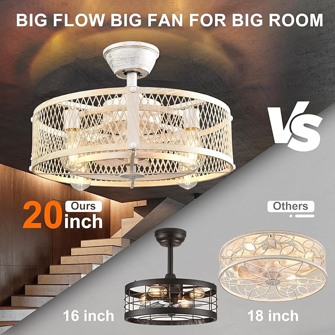 Depuley Outdoor Ceiling Fan with Light: 20" Caged Ceiling Fans with Remote Control for Patio Kitchen Bedroom - Farmhouse Fandelier Flush Mount Lights Fixture Reversible 6 Speed Timer Cement