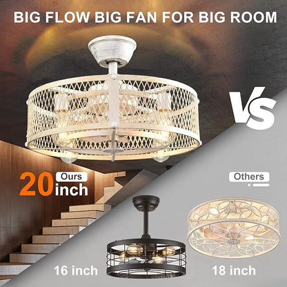 Depuley Outdoor Ceiling Fan with Light: 20" Caged Ceiling Fans with Remote Control for Patio Kitchen Bedroom - Farmhouse Fandelier Flush Mount Lights Fixture Reversible 6 Speed Timer Cement