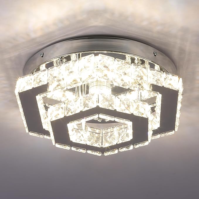 Modern Crystal Chandelier LED Flush Mount Ceiling Light Hexagonal Pendant Lamp Fixture 3 Color Changing Ceiling Light for Bedroom Hallway Bar Living Room Bathroom