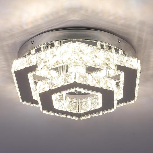 Modern Crystal Chandelier LED Flush Mount Ceiling Light Hexagonal Pendant Lamp Fixture 3 Color Changing Ceiling Light for Bedroom Hallway Bar Living Room Bathroom