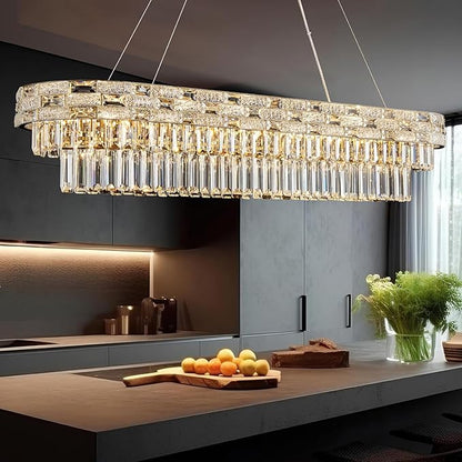 49.2" L Modern Crystal Chandeliers for Dining Room 18 Lights Gold Chandelier Large Rectangle Crystal Chandelier Pendant Light Fixture Kitchen Entryway Living Room 49.2" L x 8.7" H