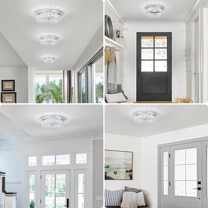HOPGGIE 12 Inch Crystal Chandeliers LED Ceiling Light Flush Mount Ceiling Light Fixtures Modern Chandelier Light for Kitchen Closet Hallway Bedroom Foyer Laundry Room (Dimmable)