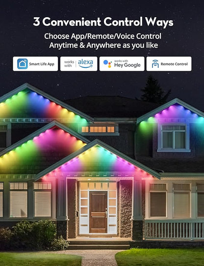RGB+IC Permanent Outdoor Lights for House Garden, 50Ft Smart Eave Lights, String Lights, IP67 Waterproof, for Christmas Halloween Decor Birthday Gift with Alexa, Google Assistant APP/Remote Control