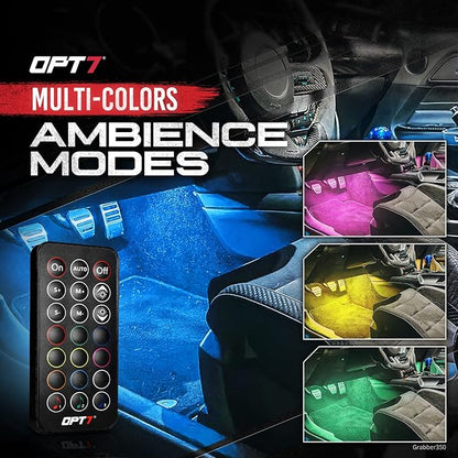 OPT7 Aura Double Row Car LED Lights Interior with Wireless Remote Control, Multicolor Mode, Sound Active Function Inside Ambient Lighting Kit, Footwell Floor Decor, Charger Adapter 12V, 4pc