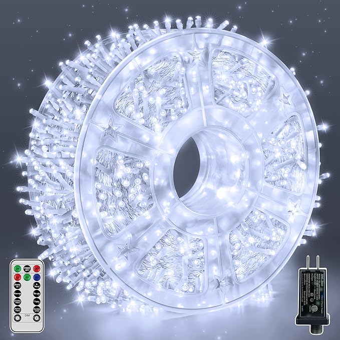 Guhope String Lights 1200LED 196FT, Waterproof Outdoor String Lights with Remote and Timer, 8 Modes Dimmable Fairy Lights for Indoor Outdoor Wedding Party Holiday Decorations (Cool White)