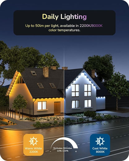 EDISHINE 120ft Smart Outdoor Permanent Lights, 80 RGB+IC LED Eave Lights, App/Voice/Remote Control, 50 Scene Modes for Party & Holiday Decor, IP67 Waterproof Outdoor Decor Lights