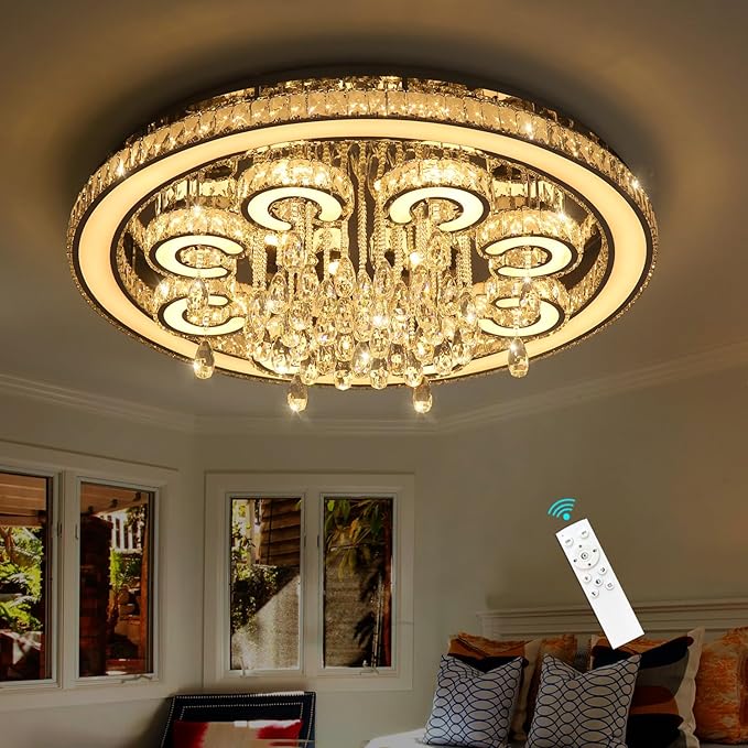 HAIXIANG Modern Chandelier LED Glam Living Room Crystal Light Interior Luxury High Ceiling Chandeliers Remote Dimmable Lights Fixture 40 Inches Silver
