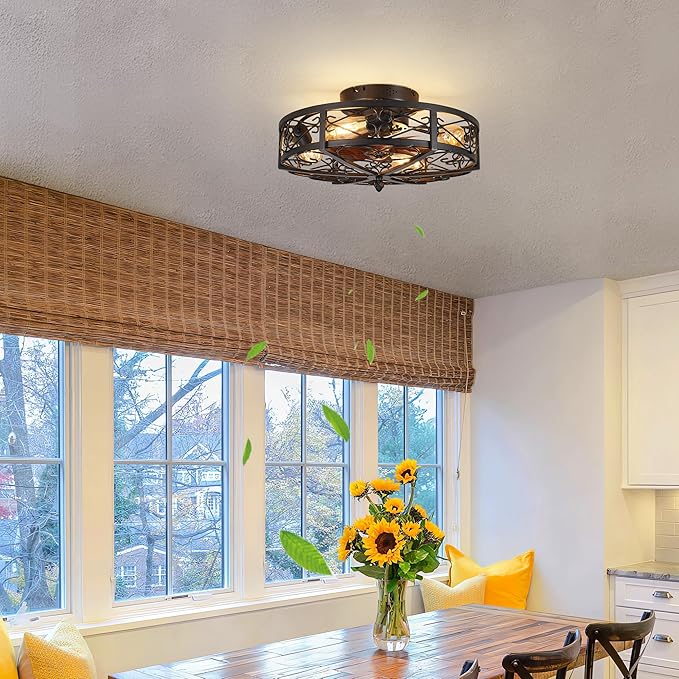 Rustic Black Caged Flush Mount Ceiling Fans with Lights and Remote Vintage Low Profile Bladeless Ceiling Fan, Reversible Motor, E26 Bulbs, 6 Speeds,for Farmhouse, Living Room, and Bedroom