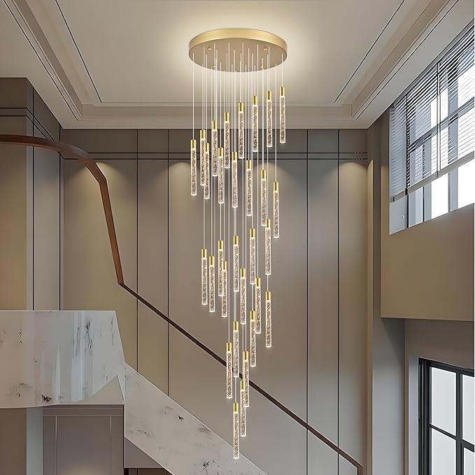 30-Lights Bubble Chandelier for Entryway High Ceiling-196 Height Adjustable Crystal Chandelier,3 Color Temperature Dimmable LED Pendant Light Fixture for Foyer Living Room Staircase,Gold