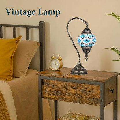 Marrakech Tiffany Lamp Morrocan Table Lamp with Vintage Style, Handmade Turkish Mosaic Lamps with Swan Neck Bronze Base Including LED Bulb for Living Room Bedroom Decor (Blue2)