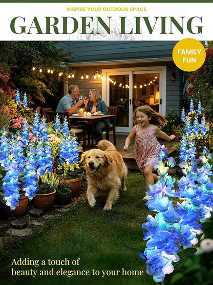 GIGALUMI Solar Lights Outdoor for Garden Decor, 3 Pack Solar Flower Lights Waterproof, 2 Lighting Modes Delphinium for Pathway,Yard, Patio Decoration, Gardening Gifts for Women (Blue)