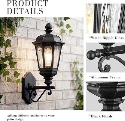 Emliviar Classic 21.7 Inch Black Front Door Wall Lighting, Outside Waterproof Wall Sconce with Water Ripple Glass Shade for Garage, E26 Socket, XE304B-M BK-SW