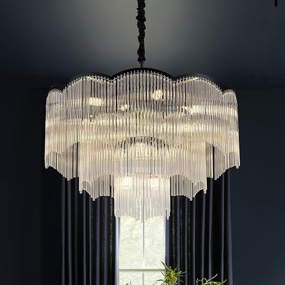 27.75" Black Clear Glass Crystal Chandelier 14-Light Modern Crystal Pendant Ceiling Light Fixture 4-Tier Luxury Glass Chandeliers,for Dining Room Kitchen Island Living Room Bedroom