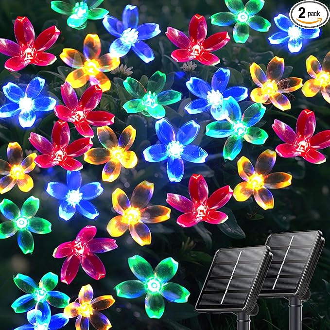OZS 2PK 80LED 50FT Flower Solar String Lights Outdoor Waterproof, Cherry Blossoms Multicolor Lights with 8 Lighting Modes, Garden Decor for Outside, Pathway Light for Fence, Patio, Yard