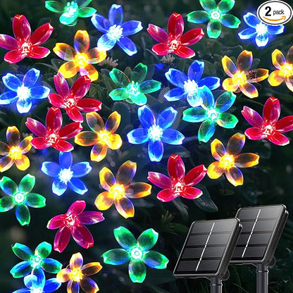 OZS 2PK 80LED 50FT Flower Solar String Lights Outdoor Waterproof, Cherry Blossoms Multicolor Lights with 8 Lighting Modes, Garden Decor for Outside, Pathway Light for Fence, Patio, Yard